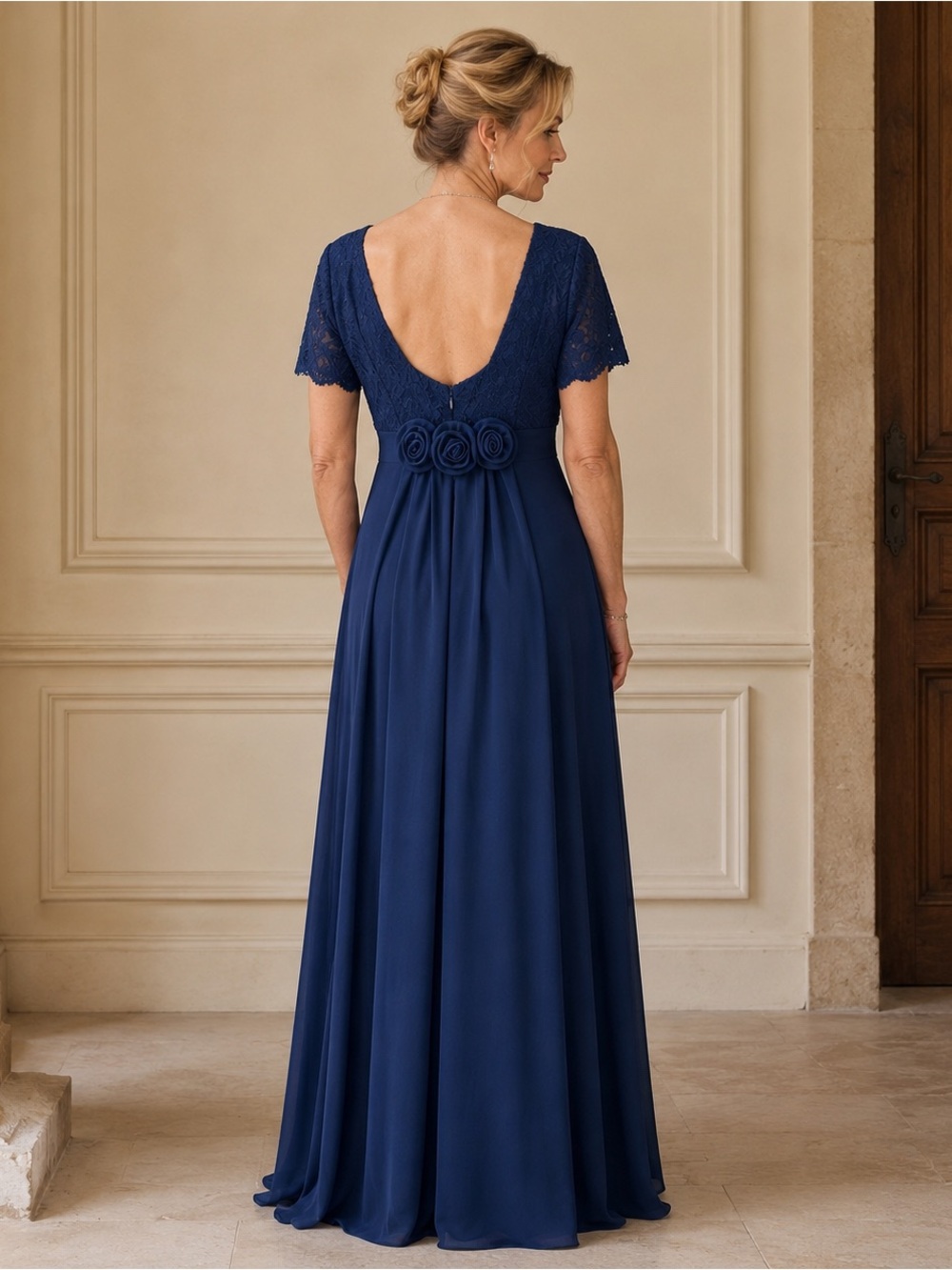 Vintage Lanz of Salzburg Dress Womens 4 Navy Lace Empire Waist Detachable Train